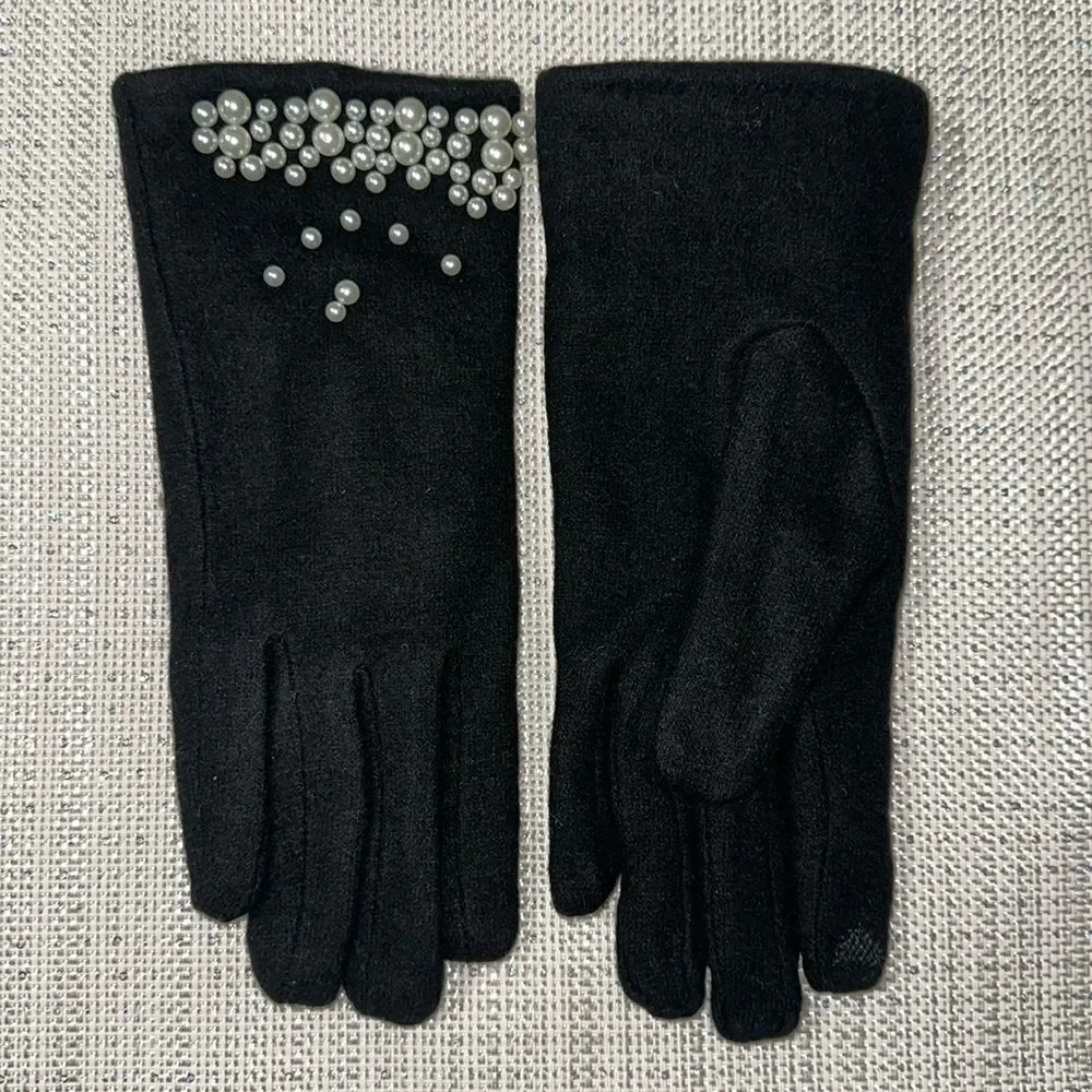 Black Cashmere Blend Fine Knit Faux Pearl Beaded Fleece Lined E Tip Gloves